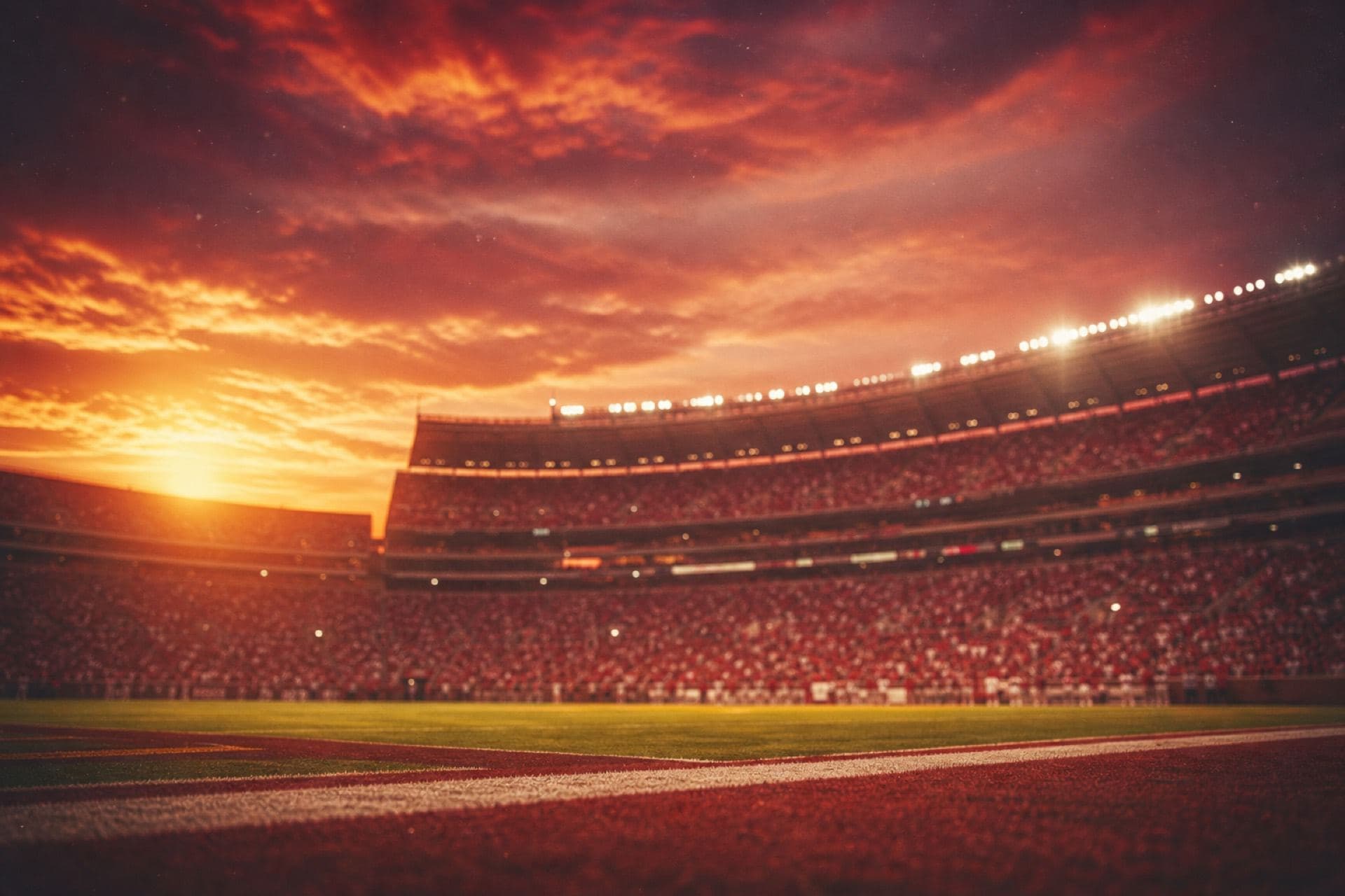 Stadium lights and crowd atmosphere at dusk